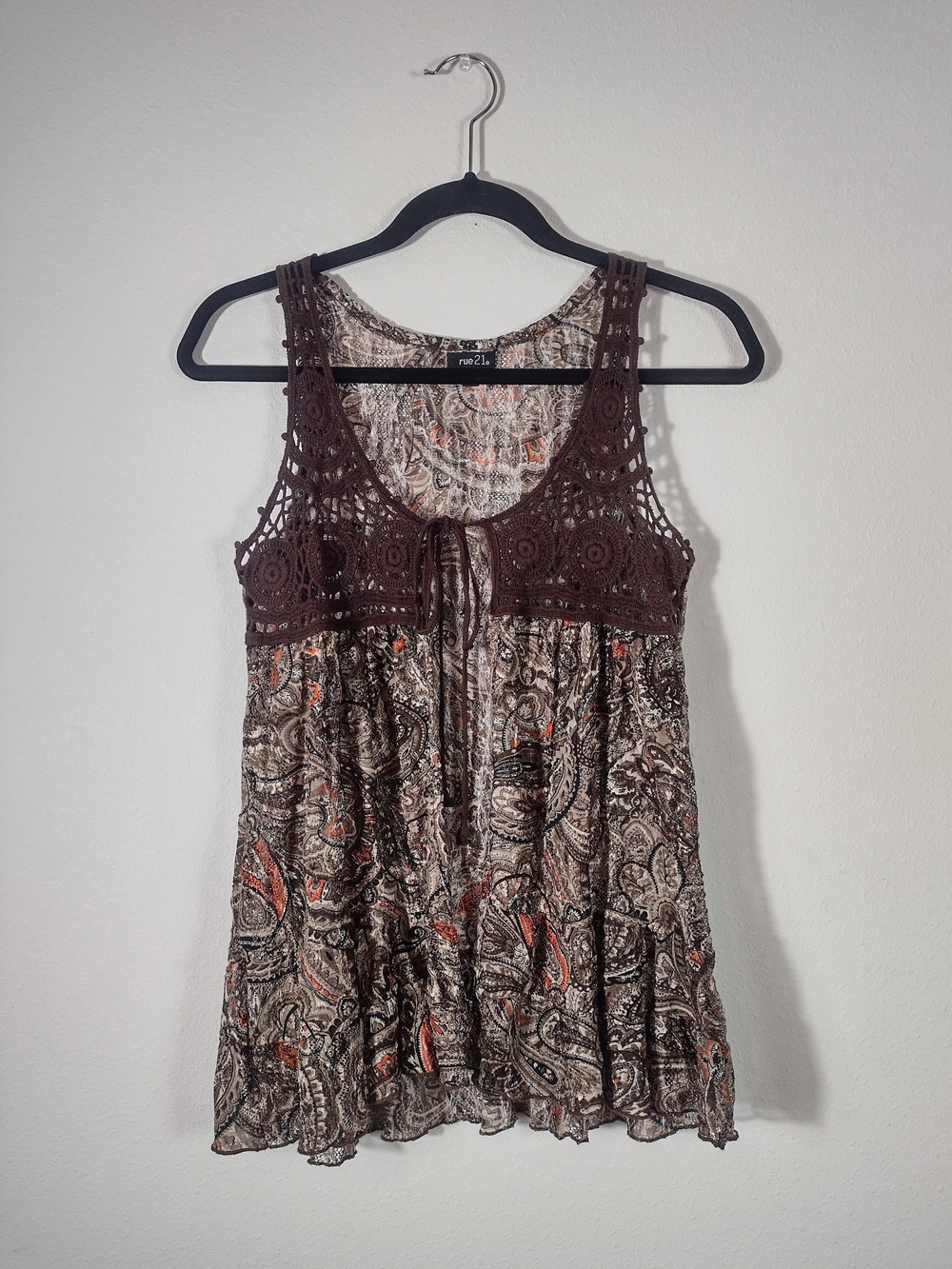 Rue21 Y2K Brown Crochet Paisley Mesh Fairycore Tie Open Split Front Boho Top